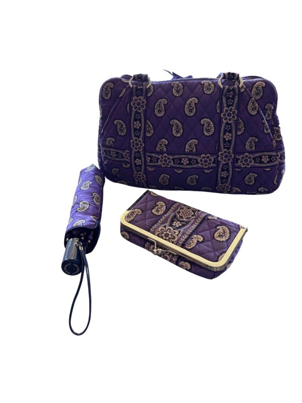 Vera Bradley VTG Simply Purple 3PC Squared Away Bag Kiss Lock Pouch Auto Umbrell
